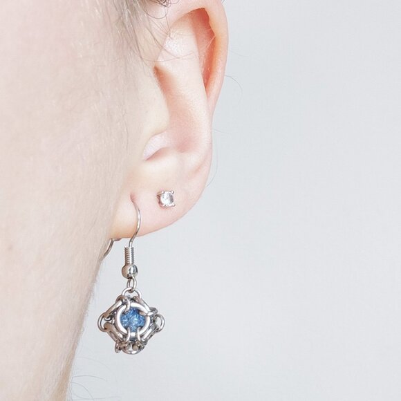 Classic & elegant fairy icy blue quartz caged pearl silver ball earrings - Picture 8 of 8